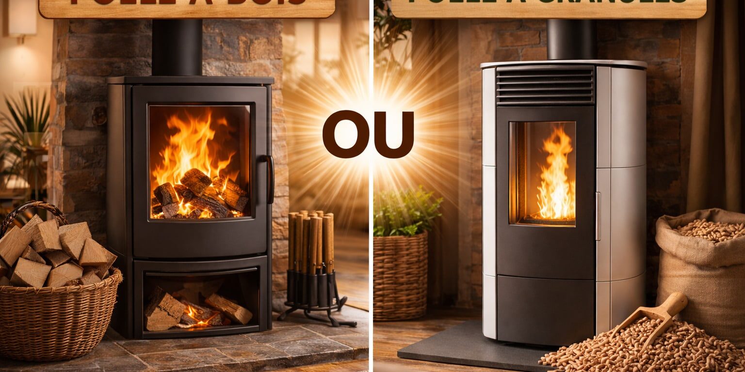 Poêle à bois ou poêle à granulés – image non contractuelle générée par l’IA Poêle à bois ou poêle à granulés - image non contractuelle générée par l'IA
