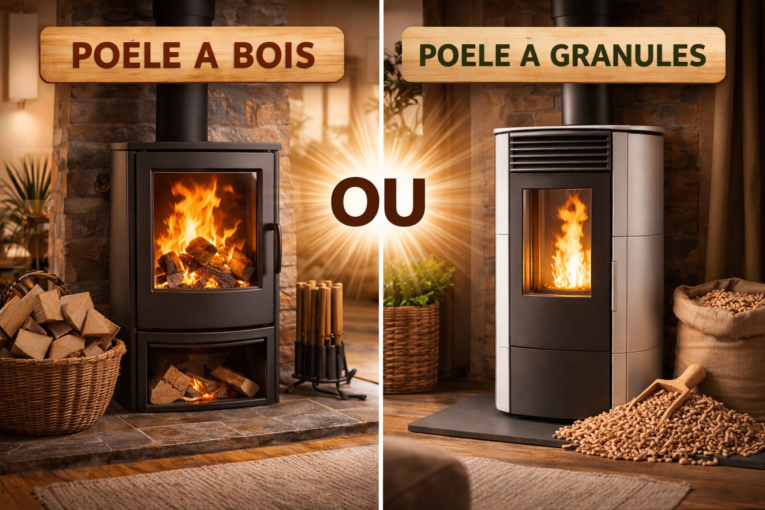 Poêle à bois ou poêle à granulés - image non contractuelle générée par l'IA